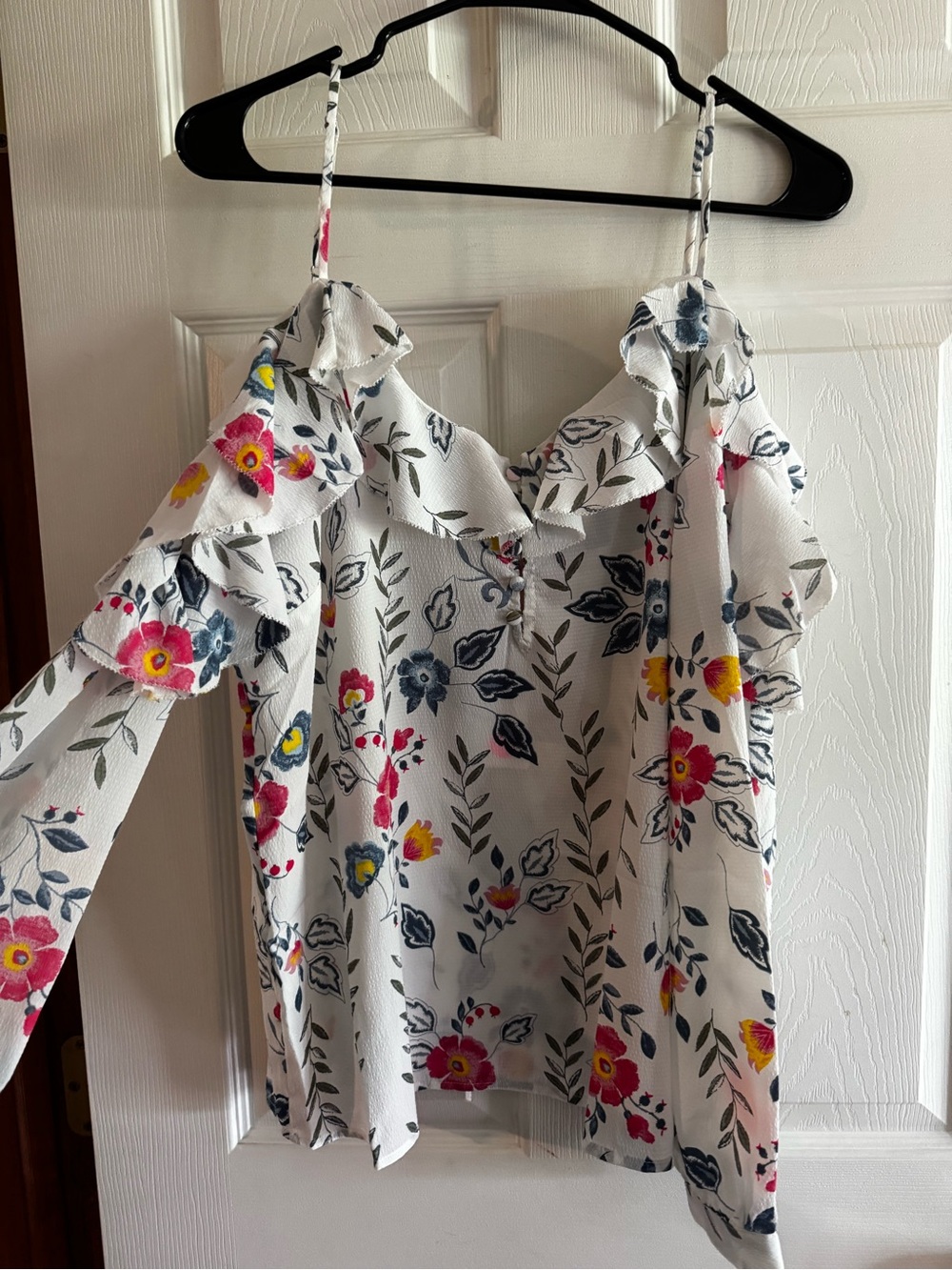 Current Air White Cold-Shoulder Floral Ruffle Blouse with Pink & Yellow Accents